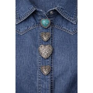 Vintage Heart Button Covers Set of 4 Floral Filigree Faux Turquoise Silver Tone